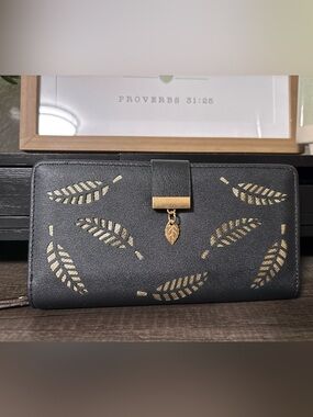 NWOT Black Wallet with Gold Leaf Cutouts